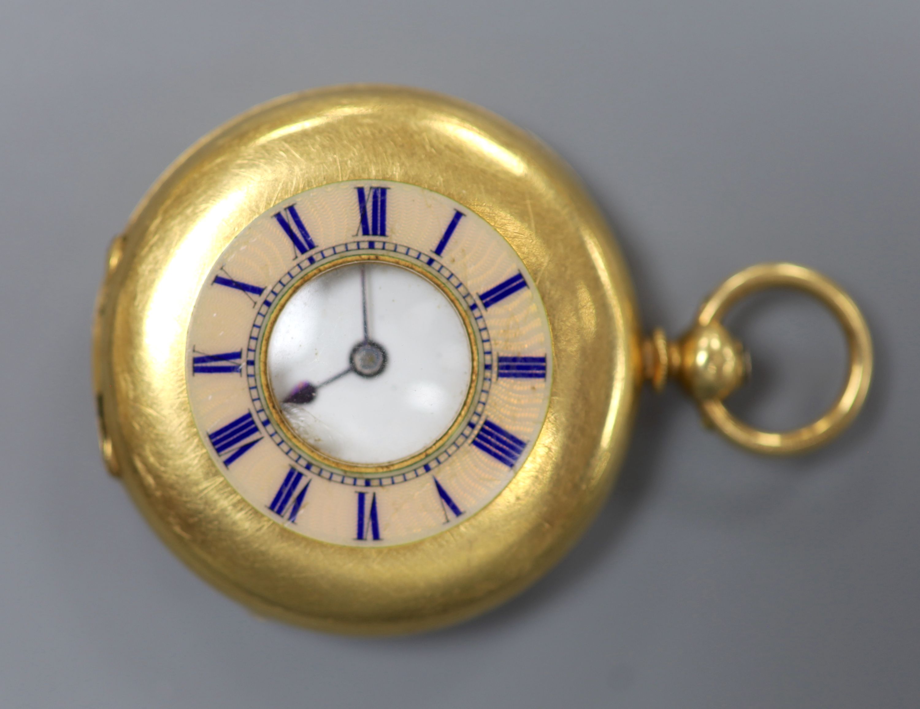 A continental 18k and enamel keywind half hunter pocket watch